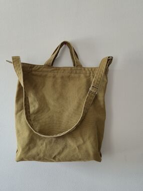 BAGGU Mustard Canvas Duck Bag Tote with Blue Logo, Minimalist Luxury, Unisex